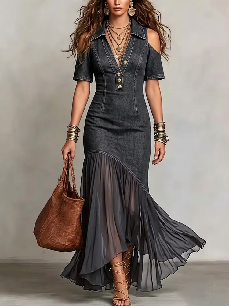 Presley | Vestido Maxi Denim Hombros Descubiertos