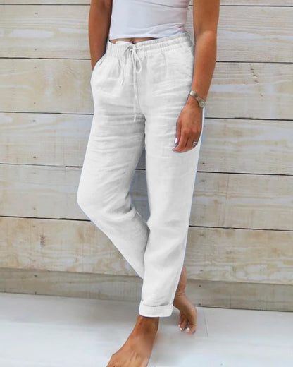 Roberta - Pantalones de Mezcla de Lino Con Cordón en La Cintura y Bolsillos Laterales