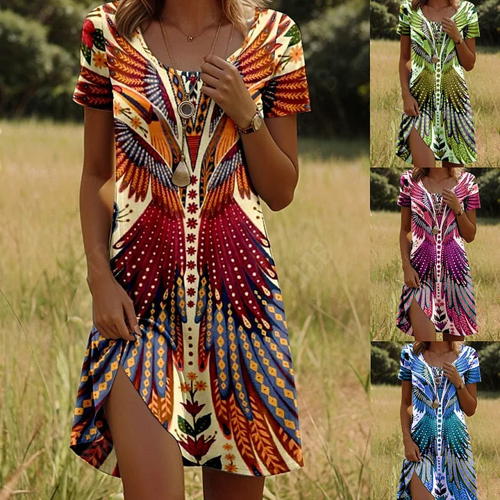 Linnea | Vestido Recto De Manga Corta Con Cuello en V Y Estampado