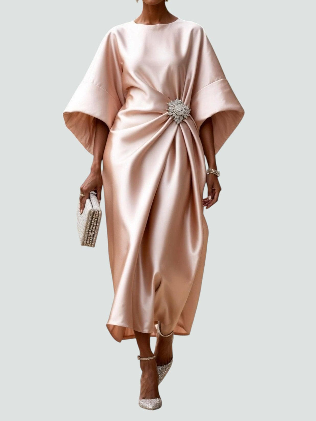 Marijona | Vestido Satén Manga Murciélago Midi Broche