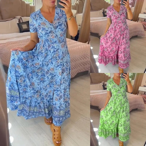 Wibia | Vestido Midi De Manga Corta Con Estampado Floral, Cuello en V Y Botones en La Parte Delantera