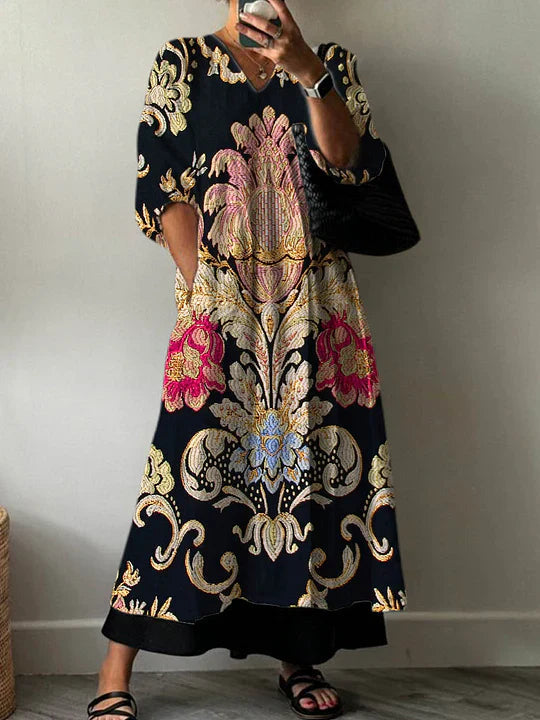 Alizah | Vestido Largo Con Cuello en V Y Estampado Floral