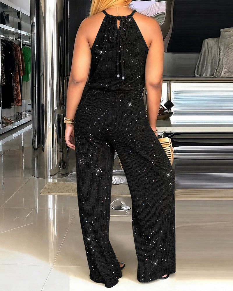 Kannika | Mono Con Cuello Halter Brillante y Silueta de Pierna Ancha
