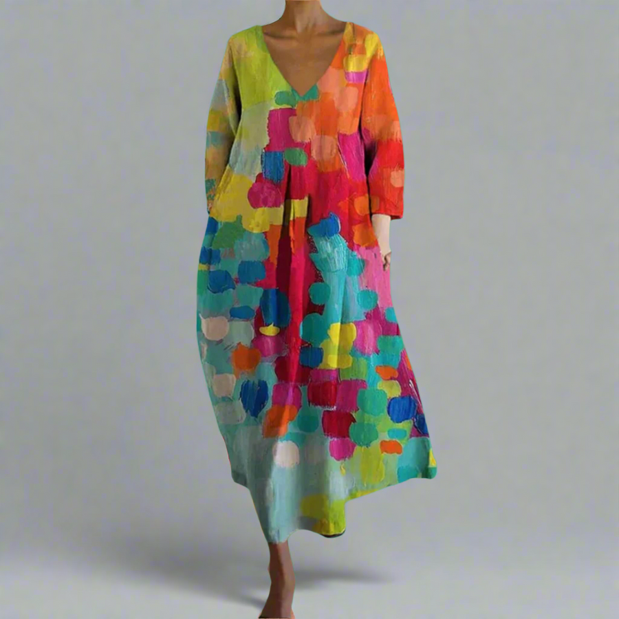 Sunita | Vestido Midi Estampado Abstracto Cuello V