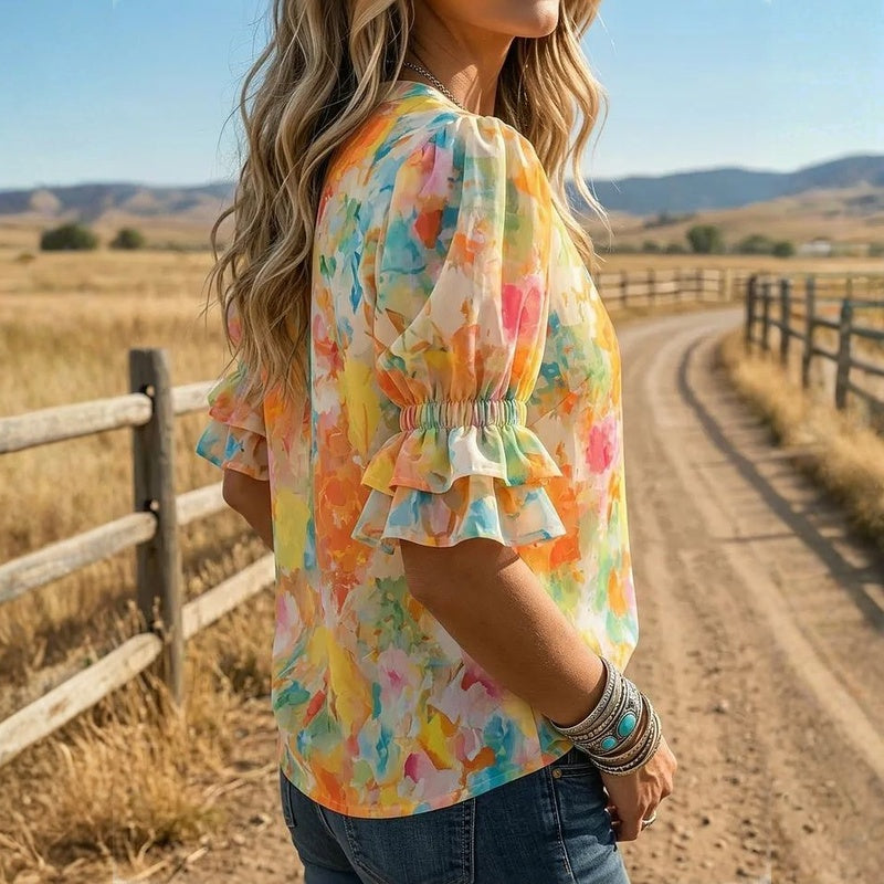Suda | Blusa Floral De Manga Corta Y Cuello en V