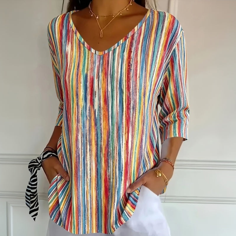 Anchali | Blusa Con Cuello en V a Rayas Multicolores