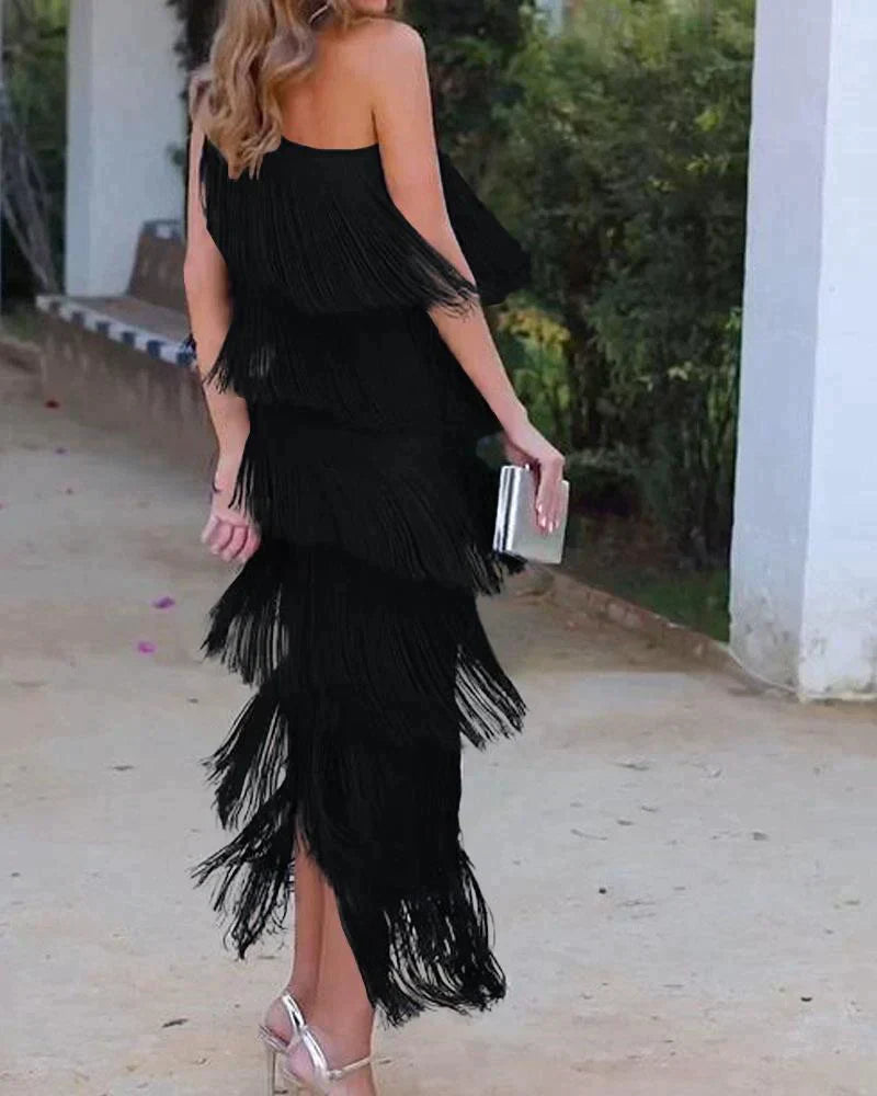 Tamira | Vestido midi con flecos y un solo hombro