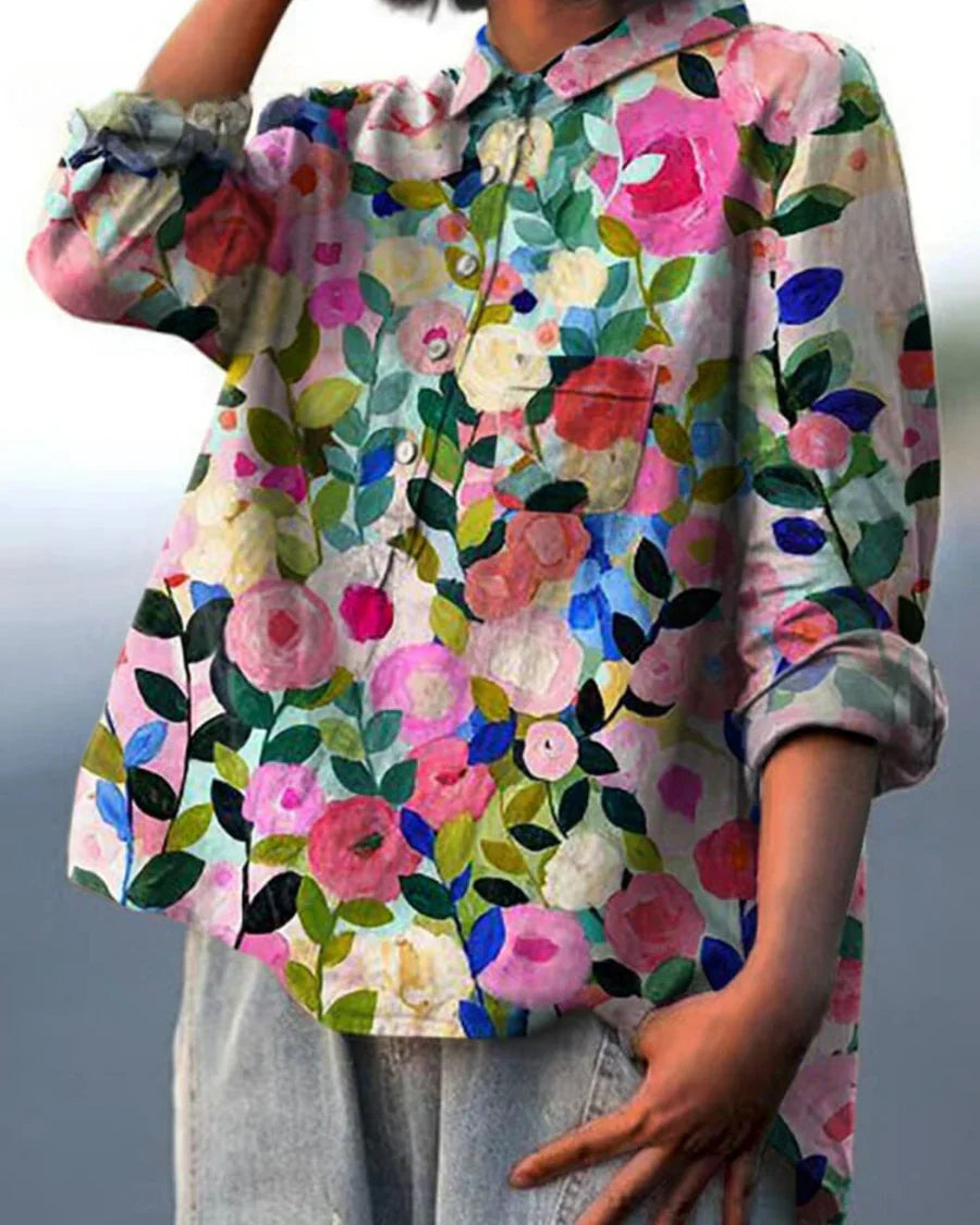 Emery - Blusa Con Estampado Floral Botones Cuello y Bolsillo en el Pecho