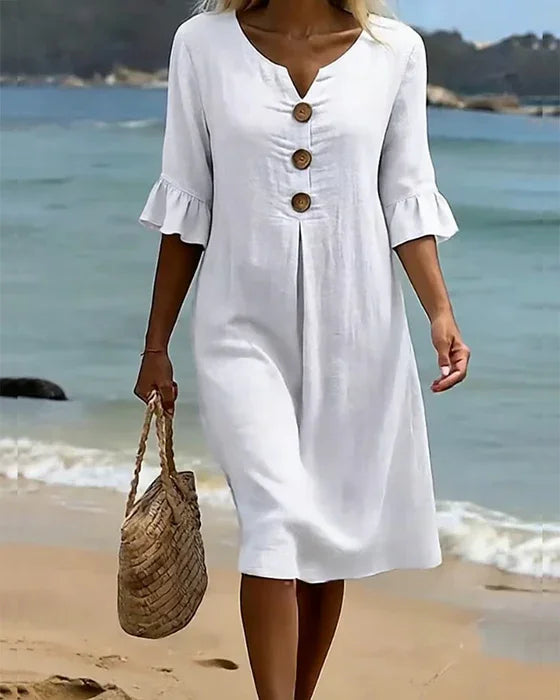 Mlaina - Vestido Midi Con Botones en la Parte Delantera y Mangas Con Volantes