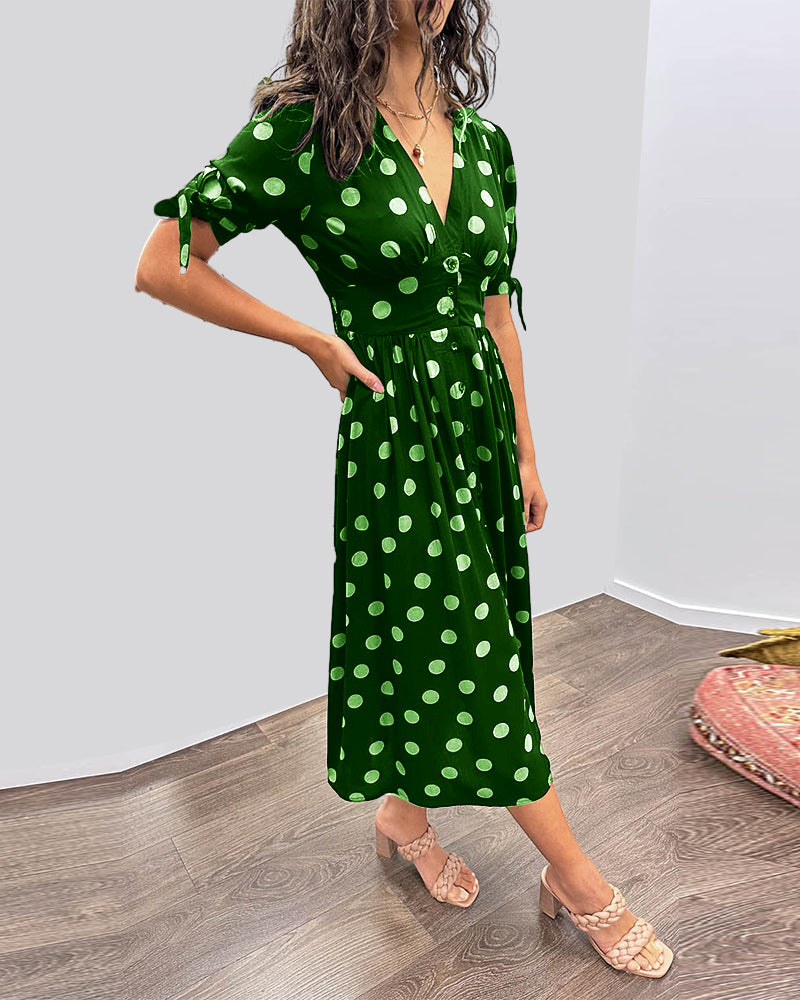 Janis | Vestido Midi Con Cuello en V y Estampado de Lunares