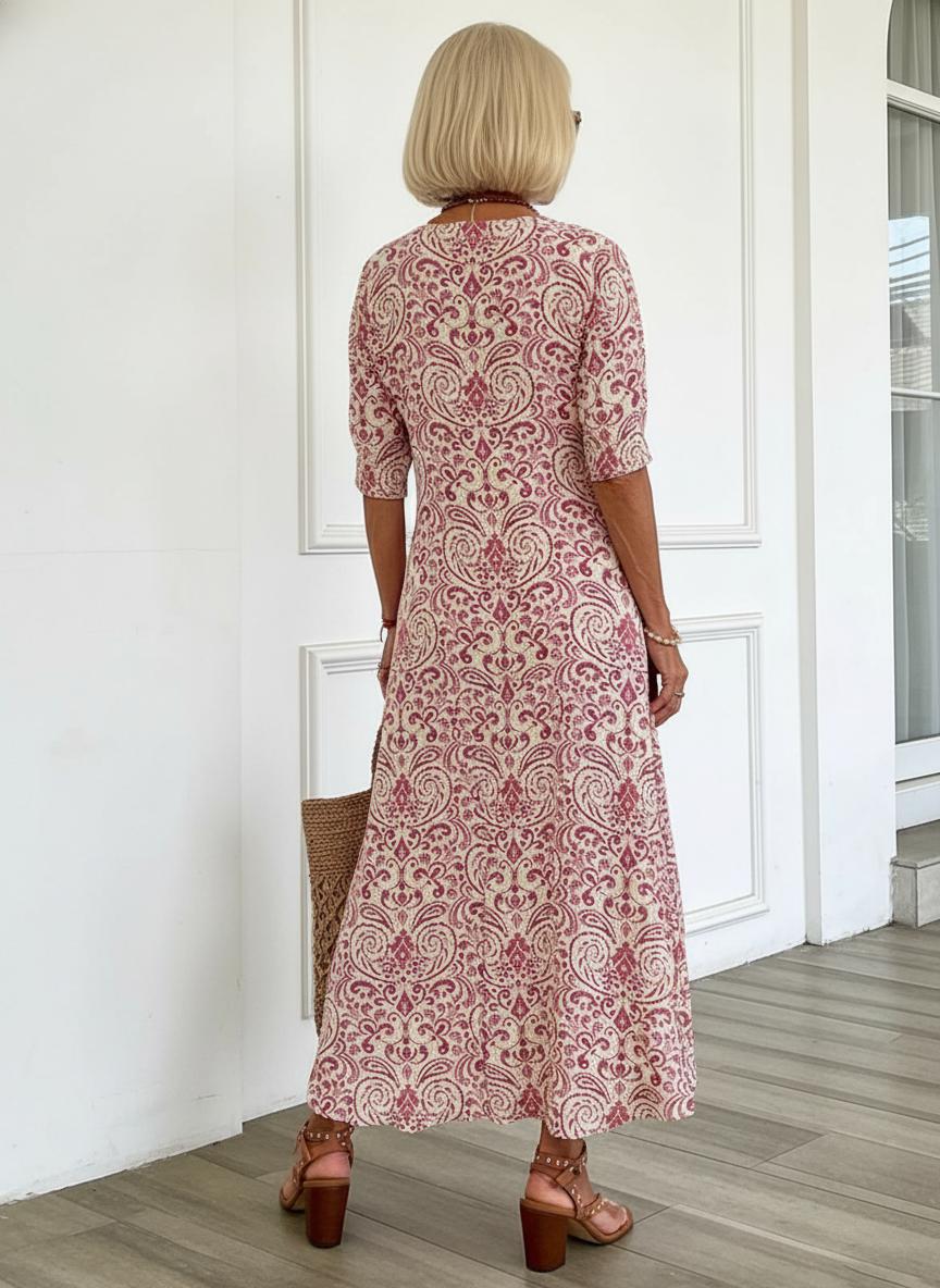Zarmina | Vestido midi Rosa con Estampado de Paisley y Cuello en V