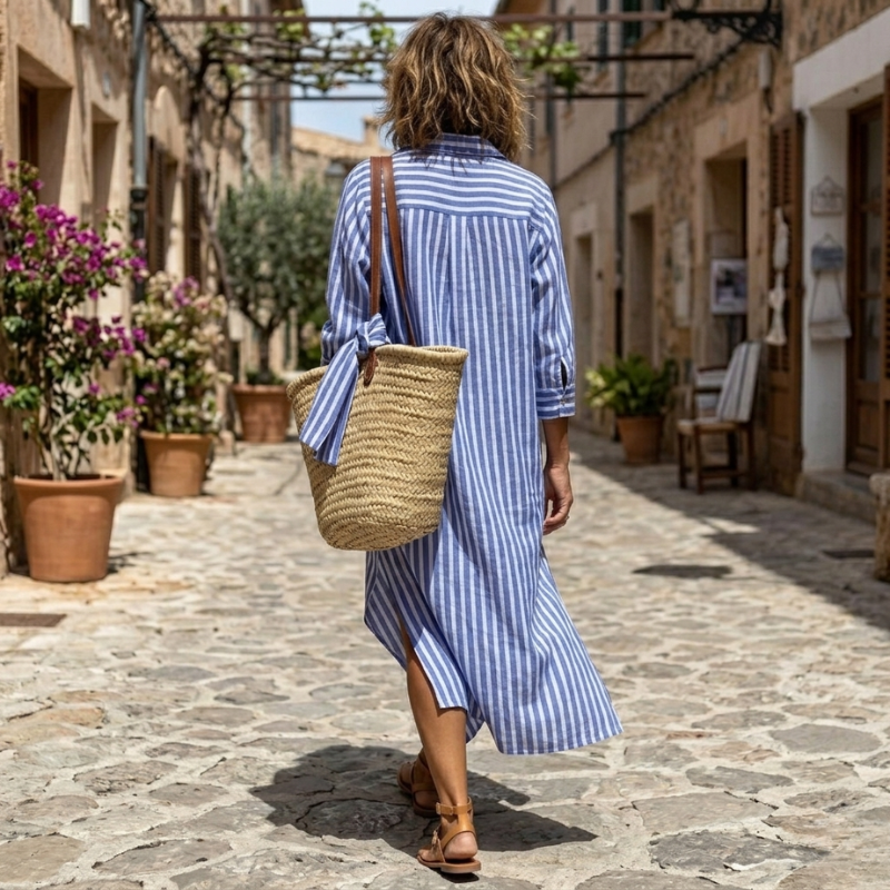 Hermien | Vestido Camisero a Rayas Con Mangas Remangables