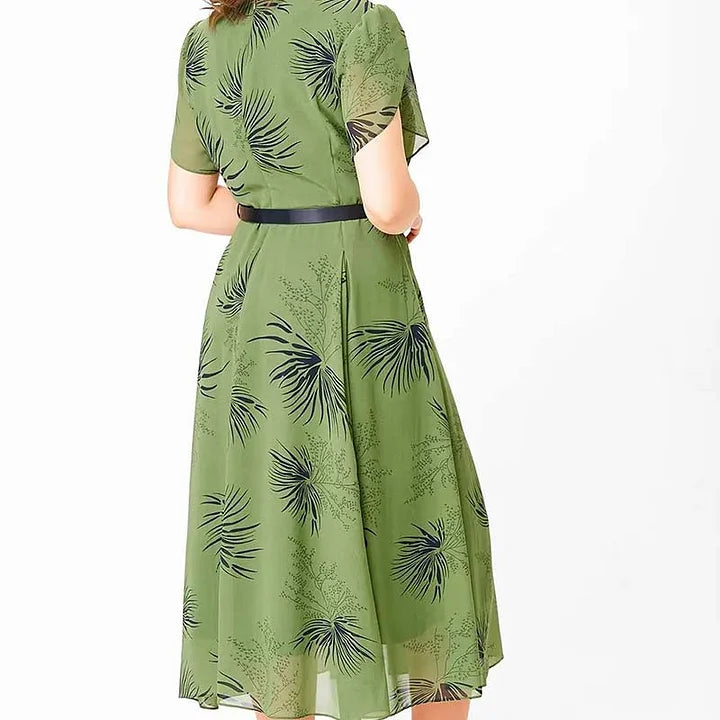 Basma | Vestido midi de Manga Corta con Estampado de hojas Verdes