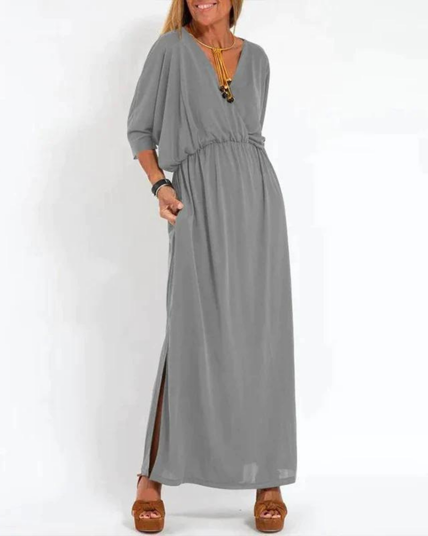 Janell | Vestido Largo Escote V con Bolsillos