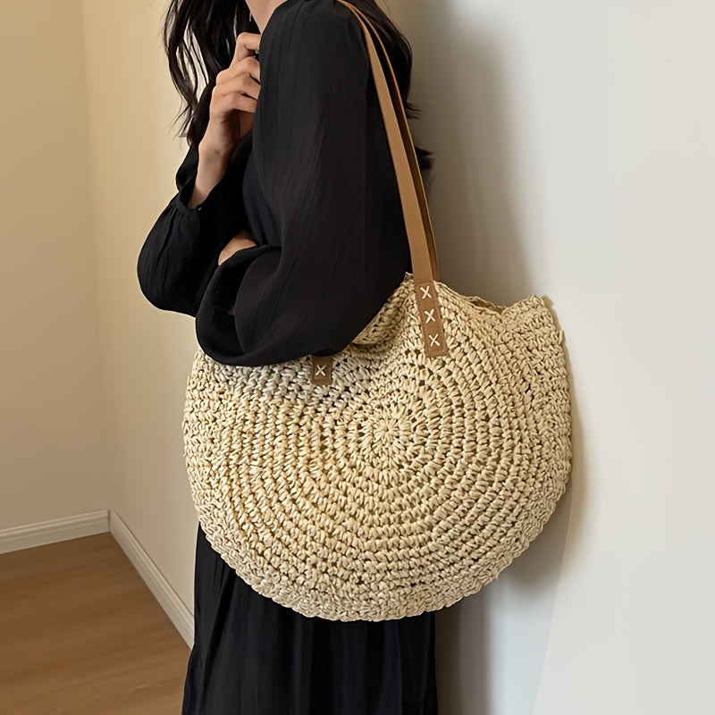 Cléa | Bolso De Hombro Tipo Tote Redondo De Paja Trenzada