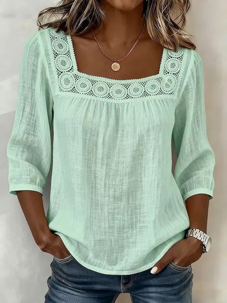 Nozomi | Blusa Con Encaje Decorativo y Escote Cuadrado