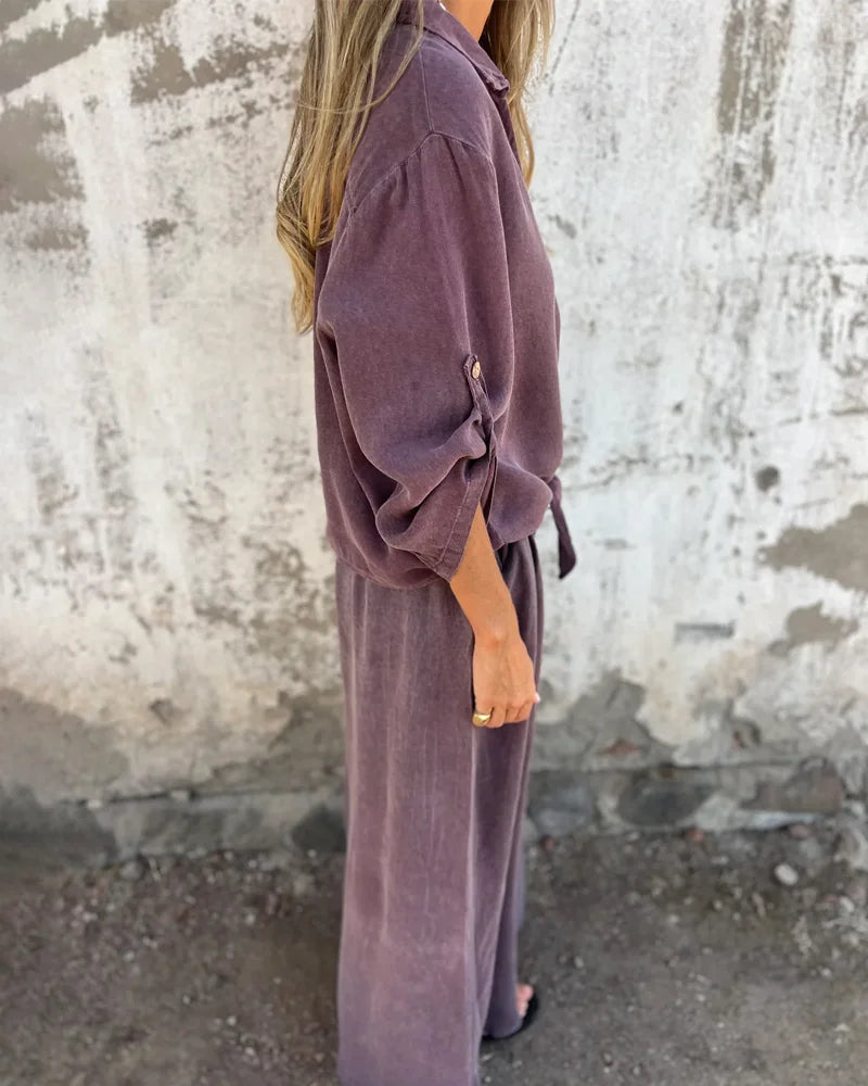 Bogna | Conjunto de Dos Piezas Camisa Con Lazo Delantero y Pantalones de Pierna Ancha