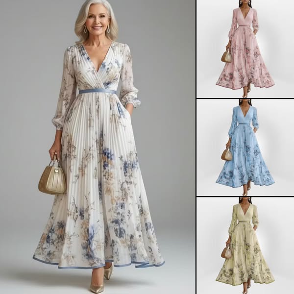 Pramudi | Vestido Largo De Manga Larga Con Cuello en V Y Pliegues Florales