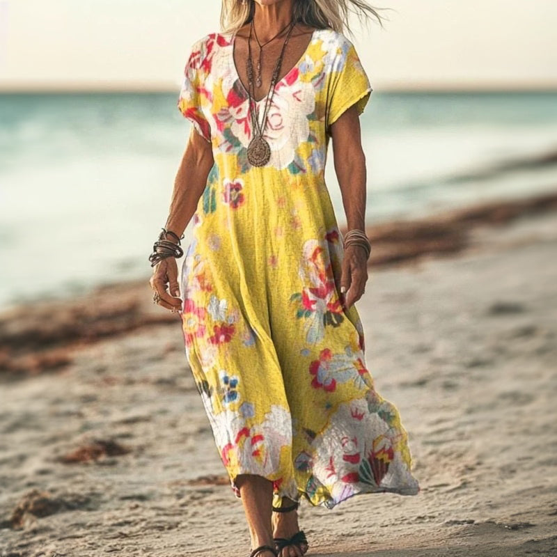 Neldae | Vestido de Manga Corta Con Cuello en V y Estampado Floral