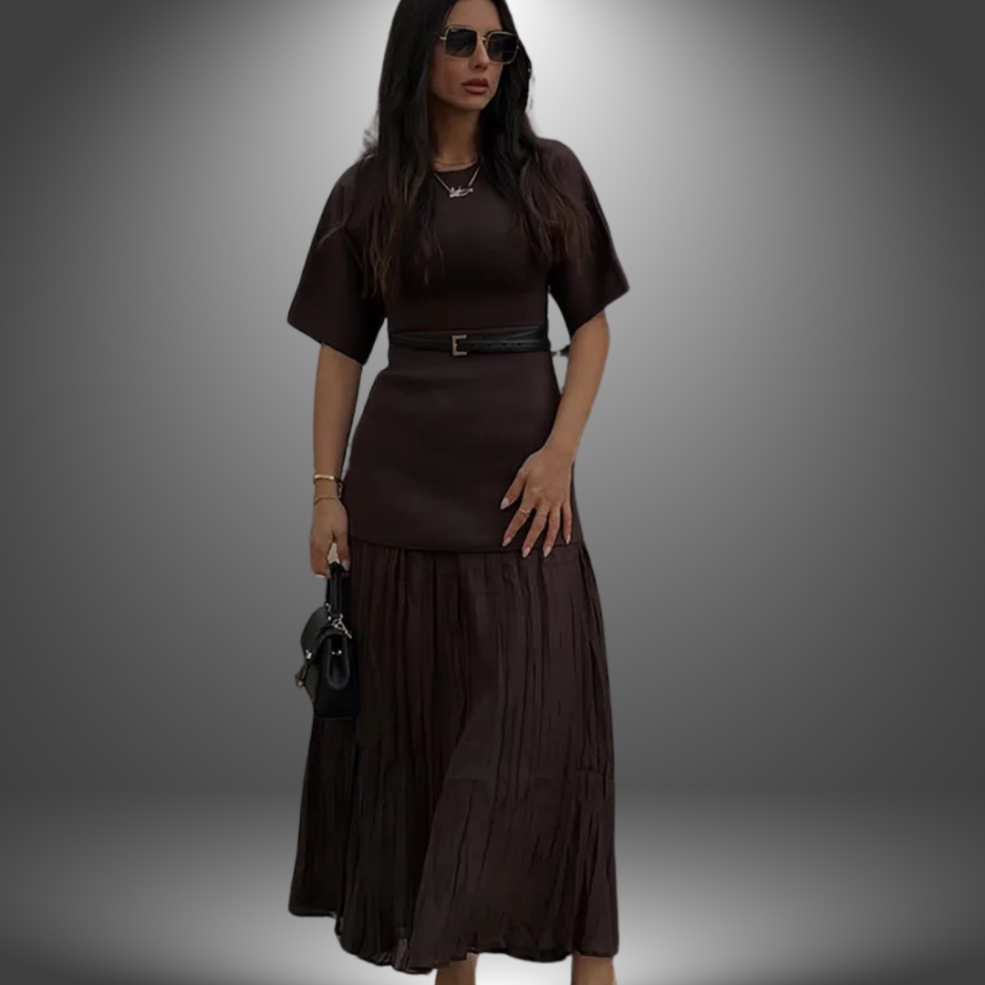Valentina | Vestido Midi Plisado con Cinturón y Manga Corta