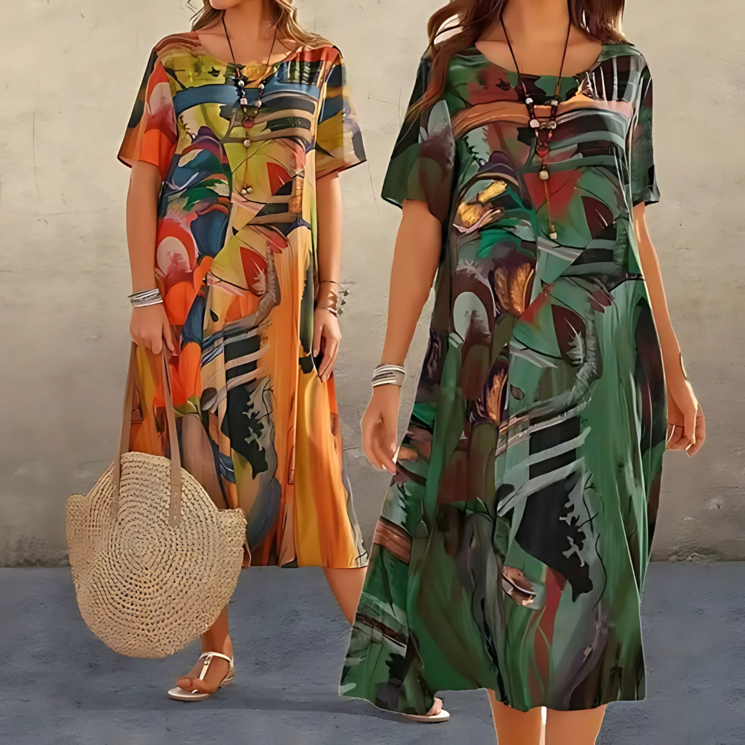 Filomena - Vestido Midi Holgado Con Mangas Cortas y Cuello Redondo