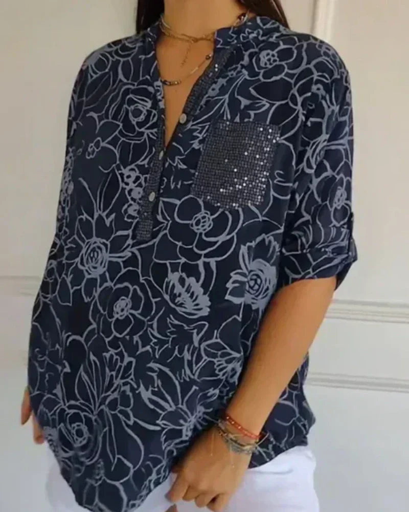 Narese | Blusa con Estampado floral, Cuello en V y Mangas Enrolladas