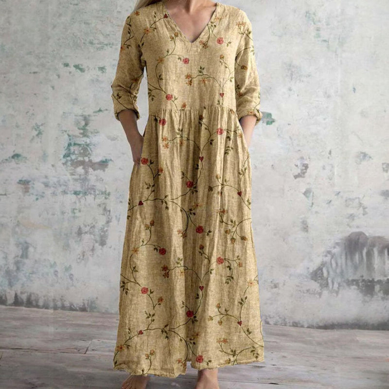 Erica | Vestido Largo Con Cuello en V y Estampado Floral
