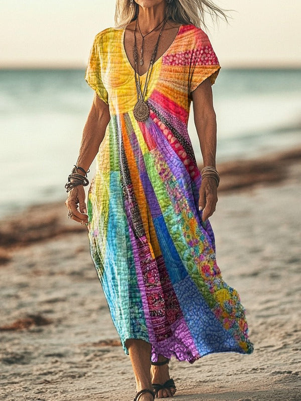 Meinir - Vestido Con Rayas De Colores y Cuello En V
