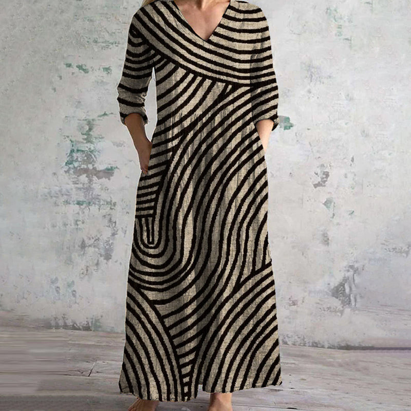Ayla | Vestido Maxi Escote V Rayas Abstractas
