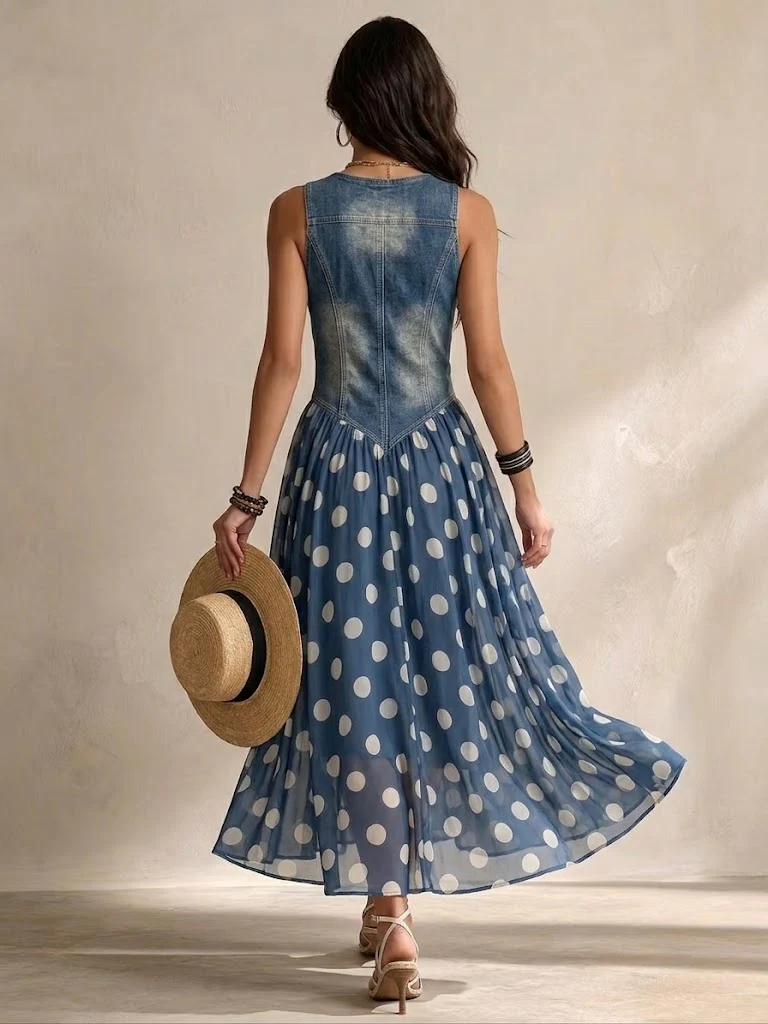 Vylina | Vestido Con Corpiño Estilo Vaquero y Lunares