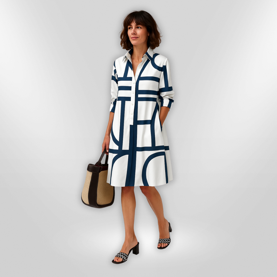 Lynna - Vestido Camisero Con Estampado Geométrico, Botonadura Frontal Y Bolsillos