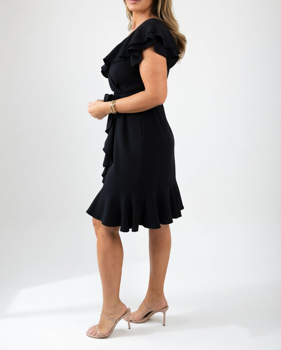 Geiss - Vestido Cruzado Con Volantes Cuello en V y Manga Corta