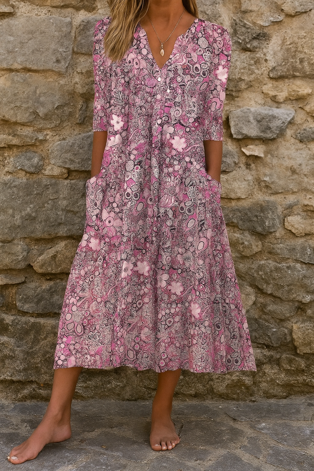 Eliskaa | Vestido Midi Floral Cuello V