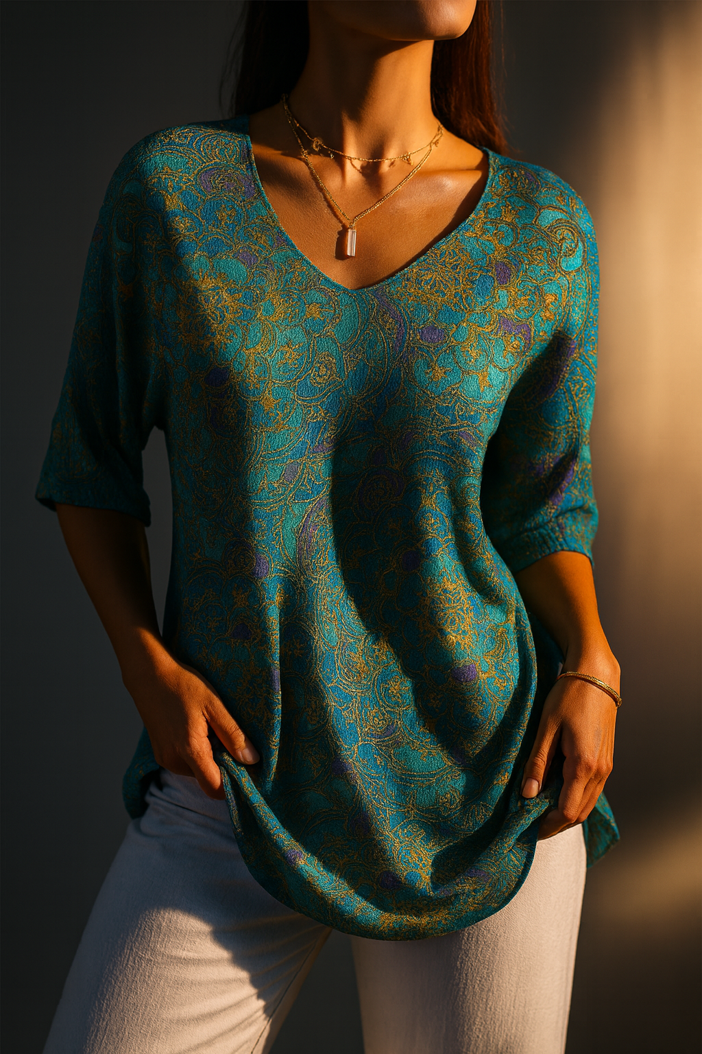 Rezilia | Blusa De Mujer Con Estampado Floral en Verde Azulado Y Cuello en V