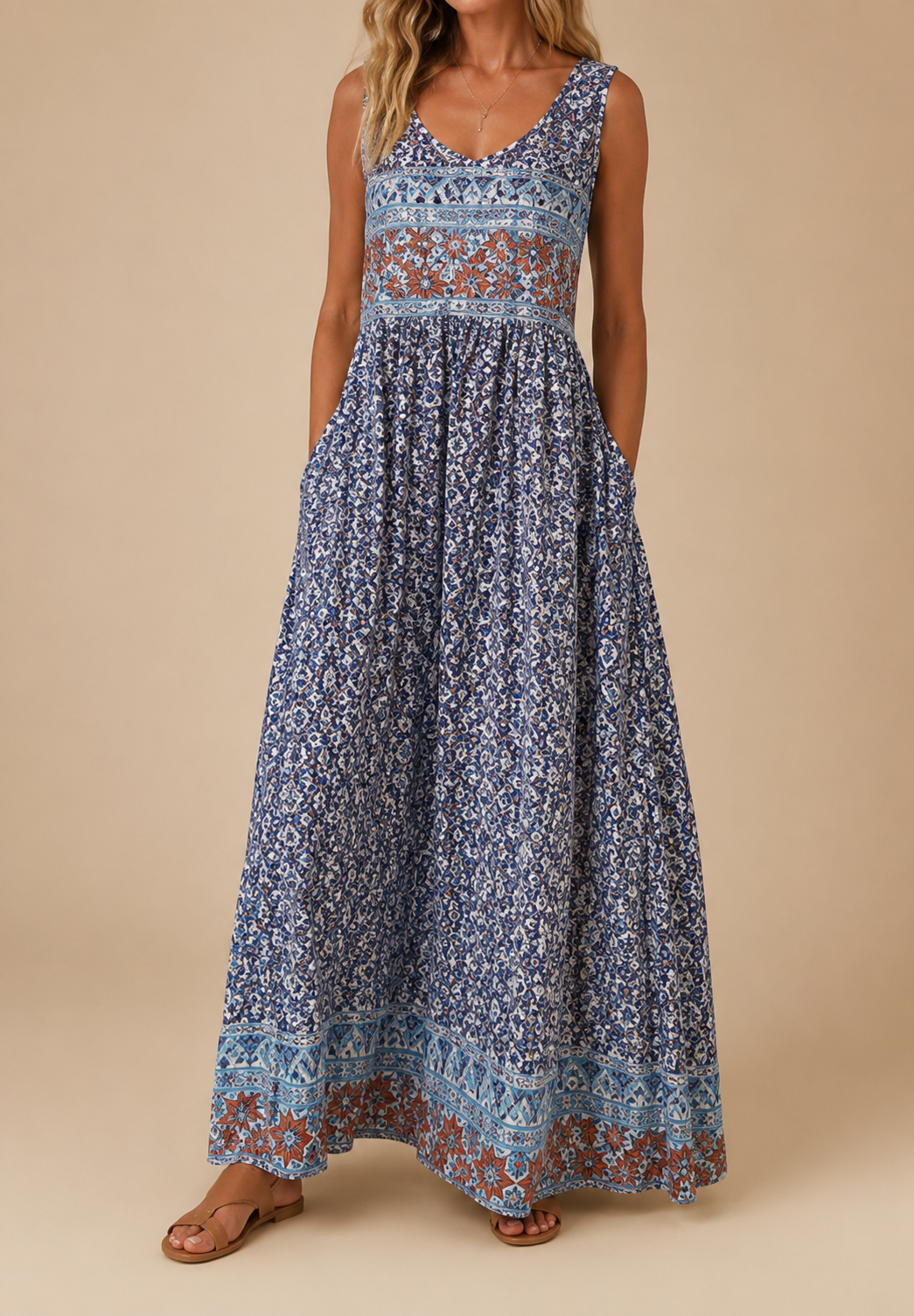 Raqual | Vestido Largo Sin Mangas Con Estampado Floral y Bolsillos