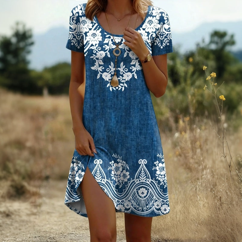 Alexise | Vestido Azul de Manga Corta con Estampado Floral