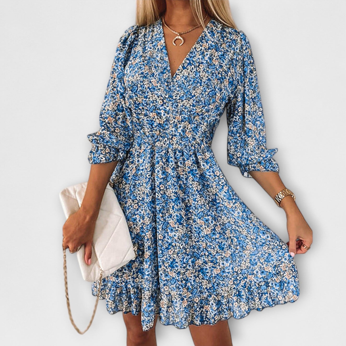 Shari | Vestido Floral Con Cuello en V y Mangas Abullonadas