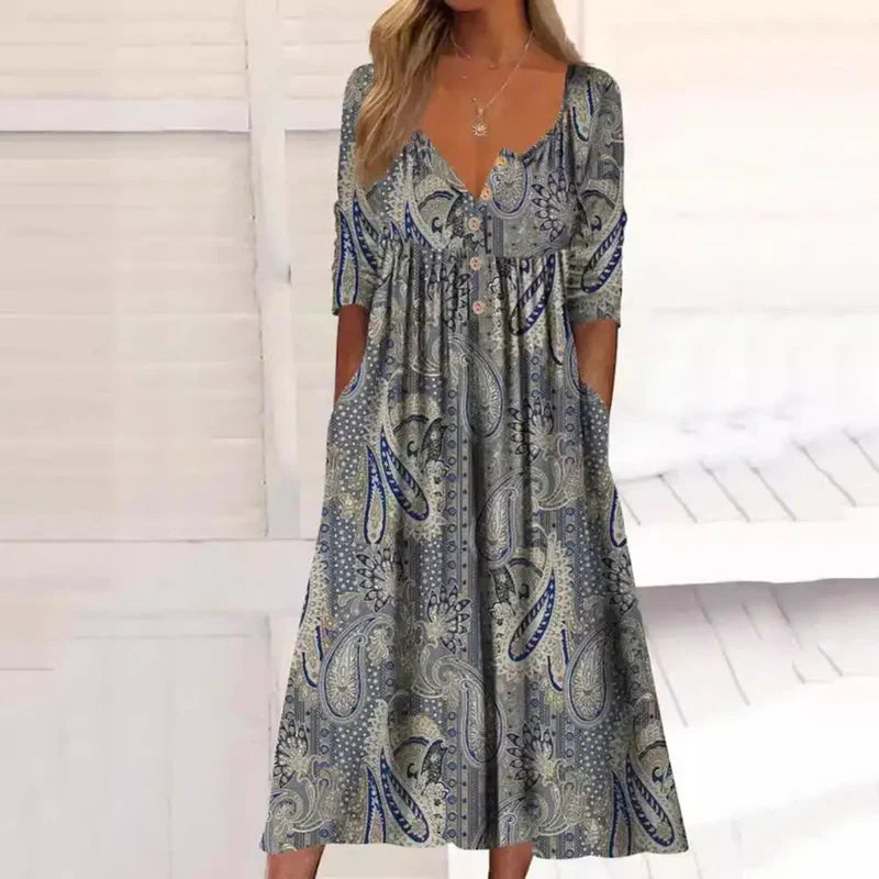 Elles | Vestido Midi Estampado Floral Cuello Pico