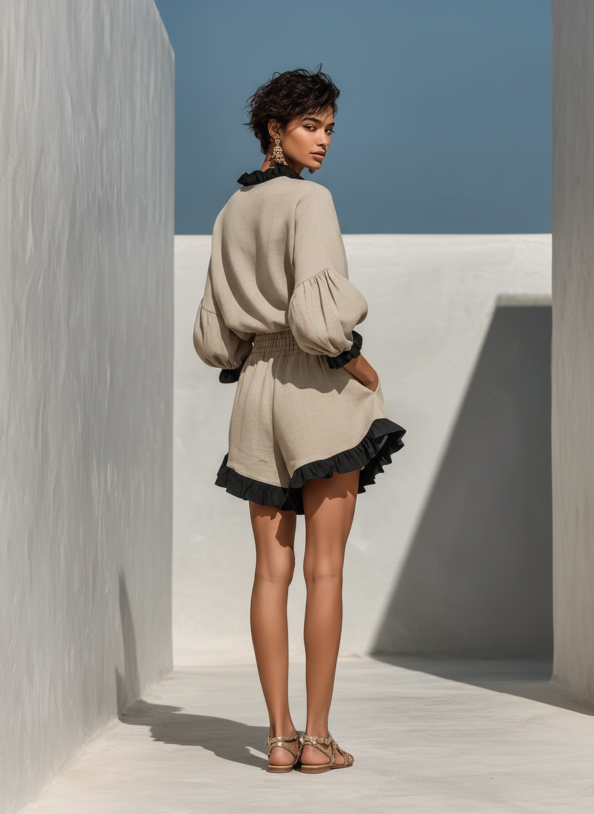 Simi | Conjunto de blusa y pantalones cortos con ribete de volantes