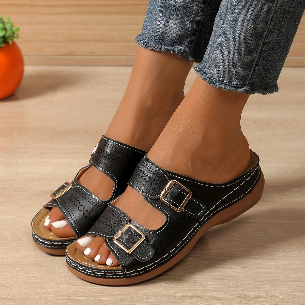 Eloisa - Sandalias de Cuña Con Doble Correa Ajustable y Aberturas