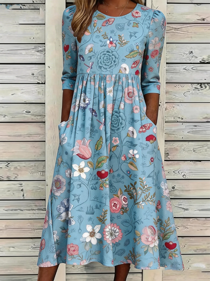 Udeshani | Vestido Midi Con Estampado Floral Cuello Redondo Y Bolsillos Laterales