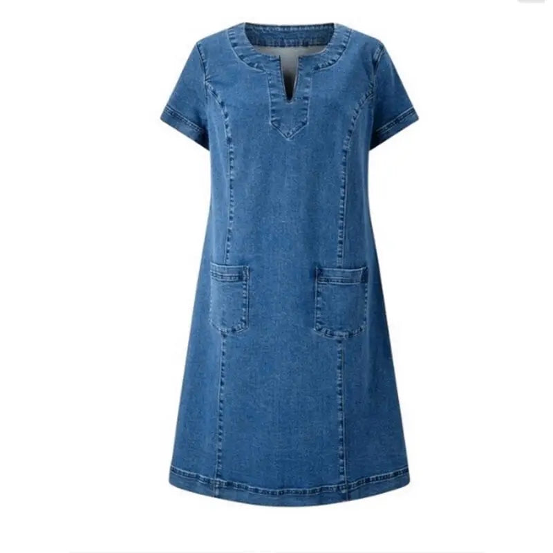 Polixeni | Vestido Denim Cuello V Bolsillos