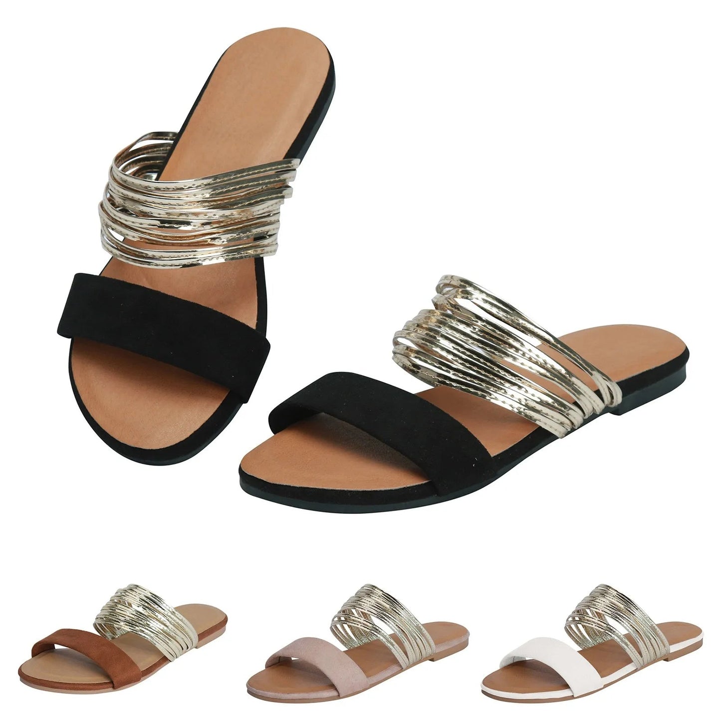 Mukaina | Sandalias Planas Doble Tira Metálica