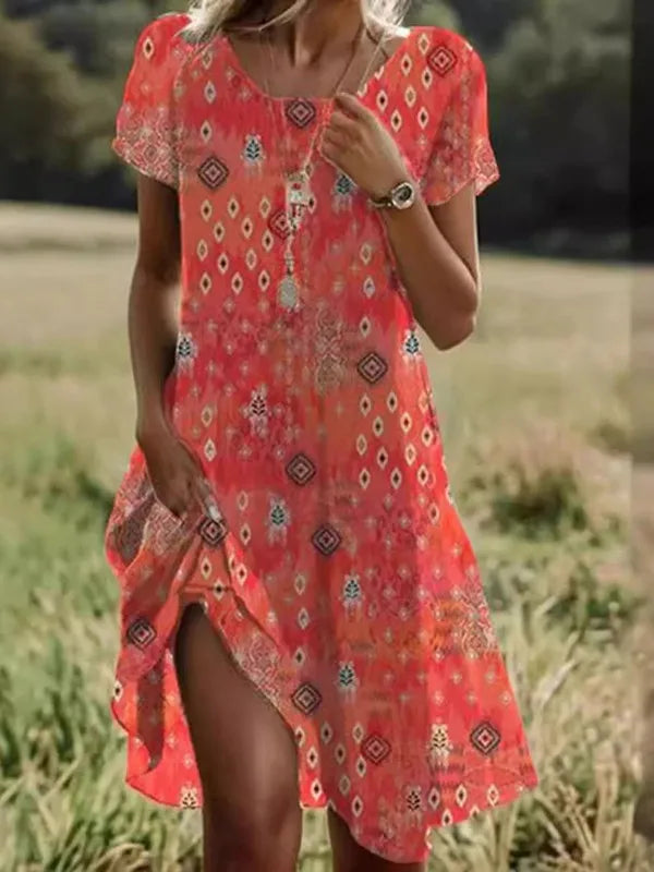 Giovana - Vestido Midi Estampado de Manga Corta