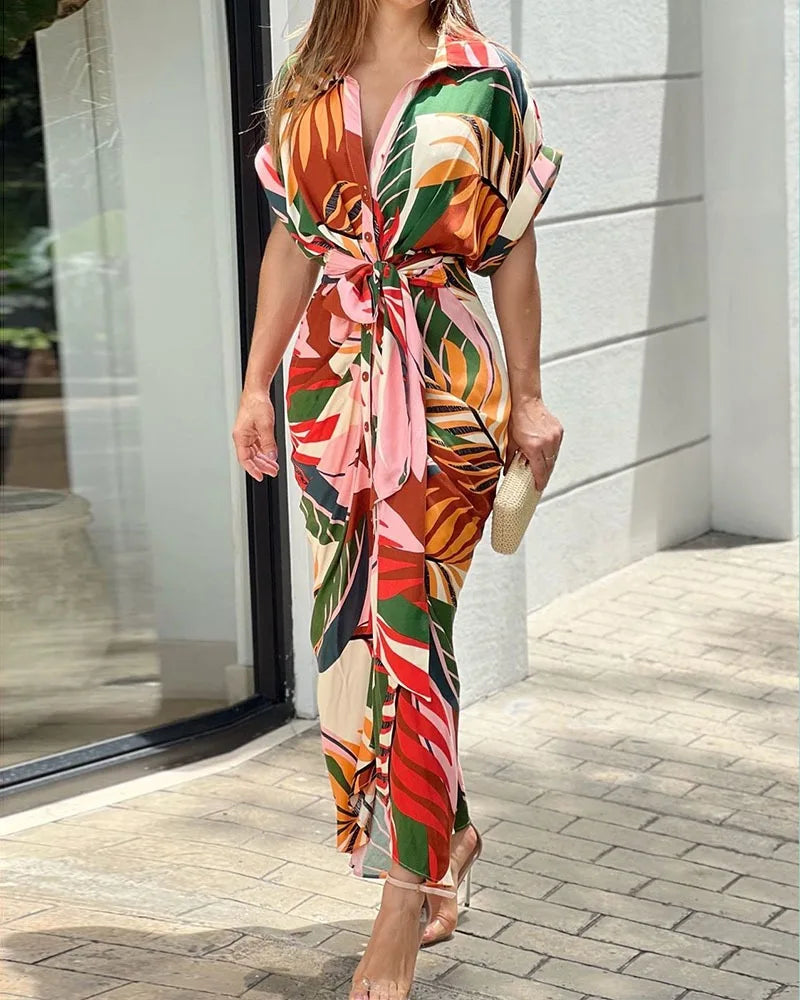 Wiora | Vestido Midi Camisero Estampado con Cinturón