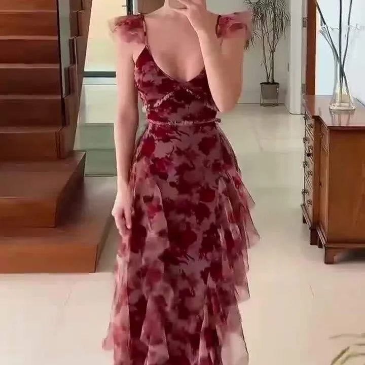 Flora | Vestido Largo Con Tirantes Con Volantes Y Estampado Floral