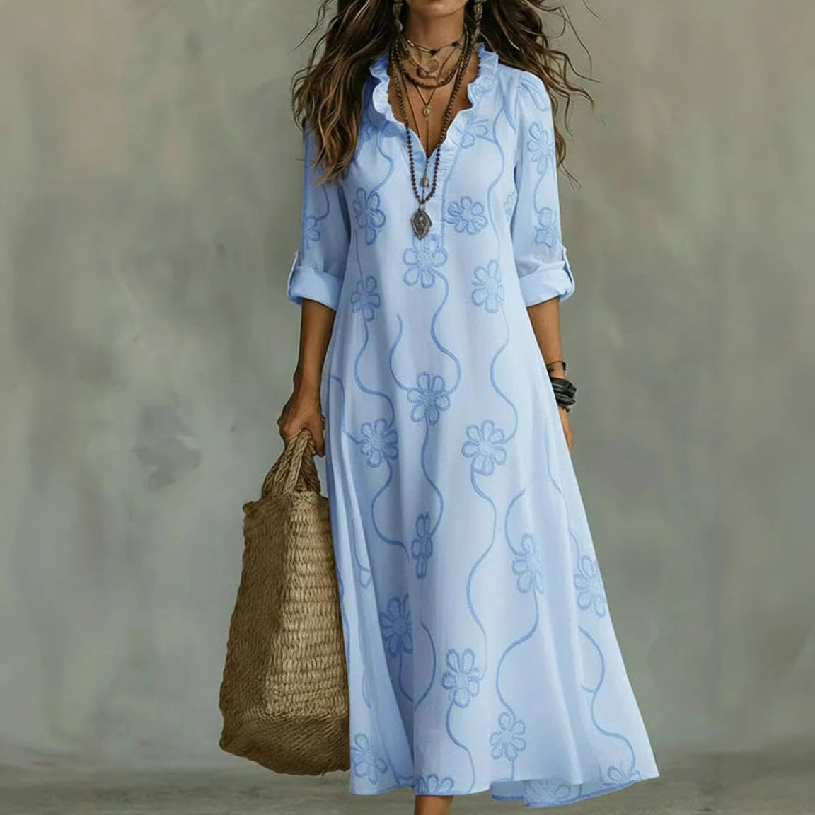 Alyxa - Vestido Largo Con Cuello en V y Bordado Floral