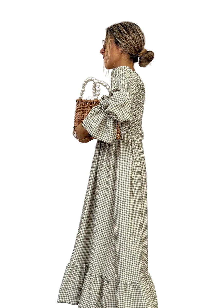 Helenee | Vestido Maxi a Cuadros Con Cuello Redondo
