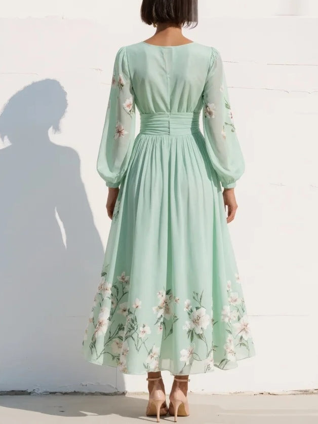 Evalyn - Vestido Largo de Manga Larga Con Pliegues y Estampado Floral
