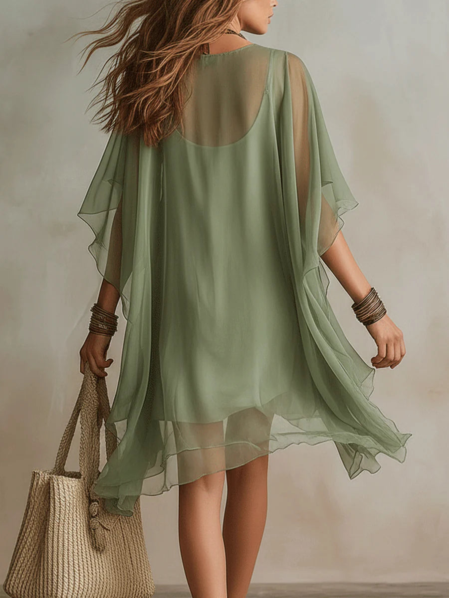 Sadet | Vestido Caftán De Gasa Verde Salvia Con Escote en V